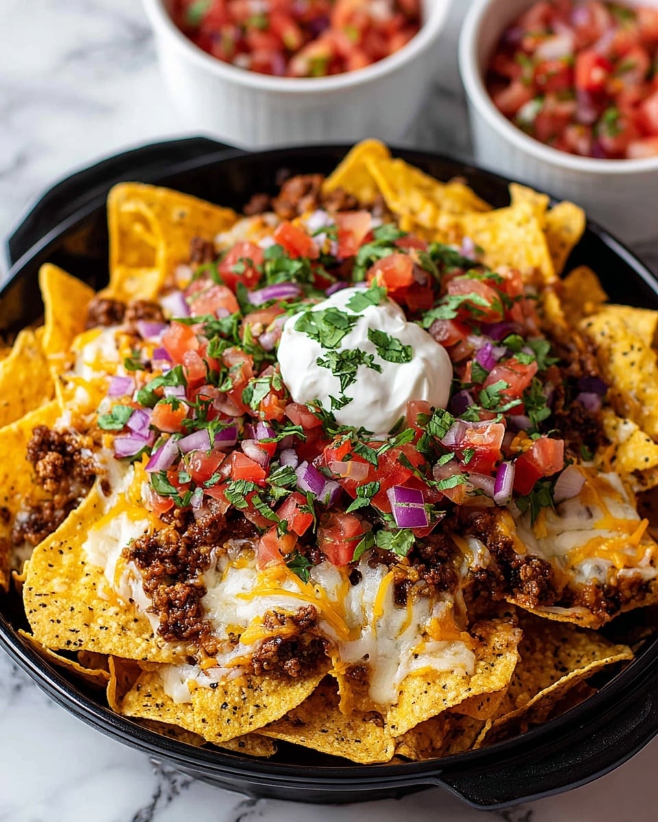 A black round basket holds loaded nachos arranged in layers, starting with a base of yellow corn tortilla chips that are crispy and speckled with salt. On top of the chips, there is a layer of cooked ground meat with a brownish texture, followed by melted cheddar and white cheese that is gooey and covers the chips unevenly. Then comes a colorful topping of diced red tomatoes and purple onions, garnished with chopped green cilantro spread evenly. At the center, there is a dollop of white sour cream, decorated with more cilantro. The basket sits on a white marbled surface with two white bowls of diced tomato salsa placed behind slightly out of focus. photo taken with an iphone --ar 4:5 --v 7
