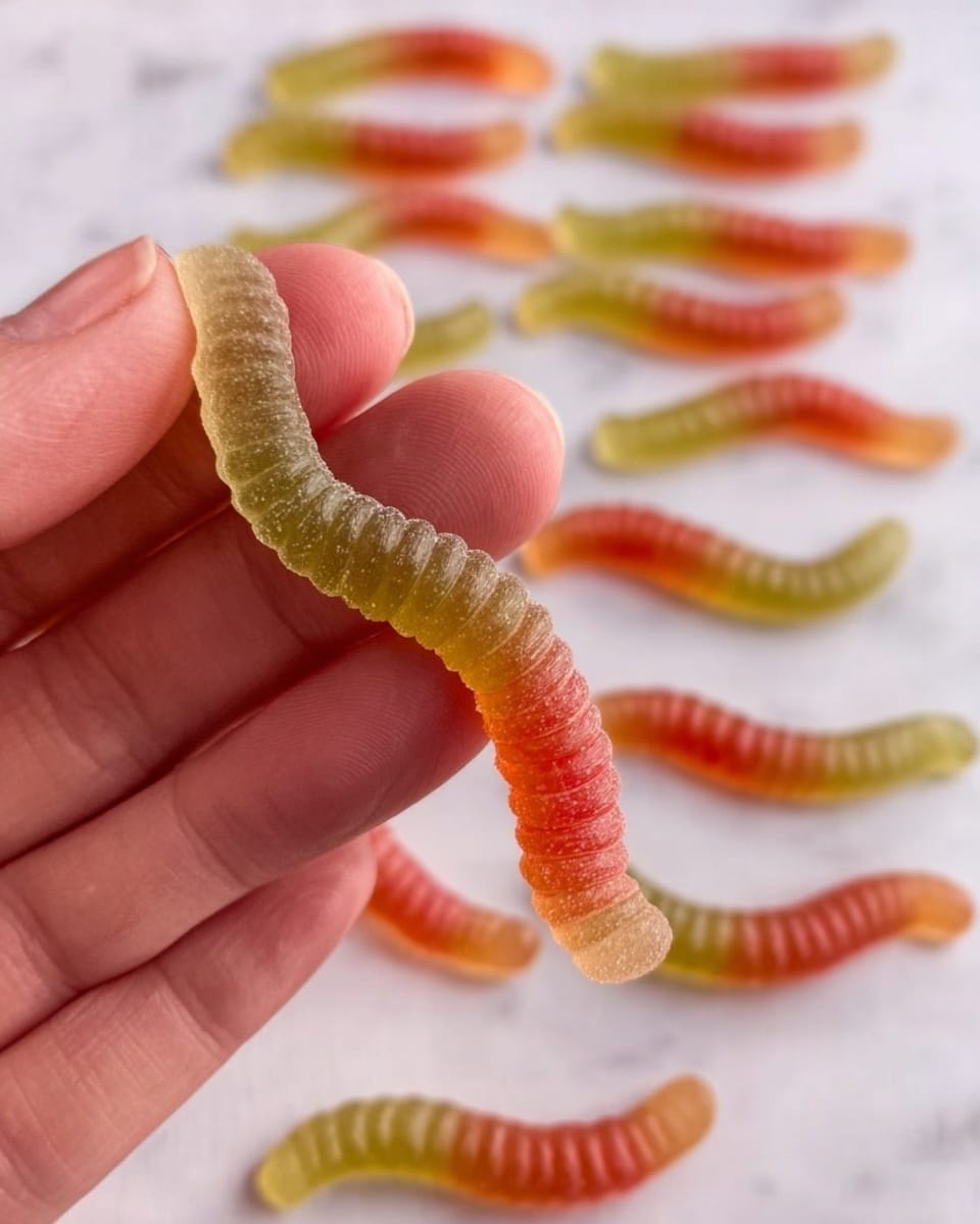 A close-up image of a woman's hand holding a gummy candy shaped like a worm. The gummy worm is long with a segmented body showing two colors: a pale red on the top half and a translucent greenish-yellow on the bottom half. In the blurred background, many more gummy worms are arranged in two rows on a white marbled surface, each with the same two-tone color pattern. Photo taken with an iphone --ar 4:5 --v 7