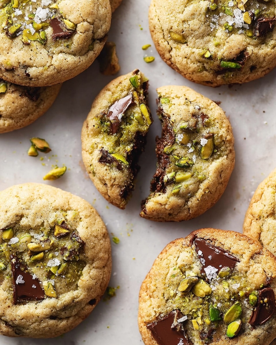 The image shows several cookies on a white marbled surface, each cookie is round with a golden-brown, slightly cracked surface, and scattered dark chocolate chunks. One cookie is broken in half, revealing a melted green pistachio filling inside that looks creamy and smooth. Small green pistachio pieces are visible on the cookie surfaces, adding texture and color. Coarse salt flakes are sprinkled over the cookies, adding detail and contrast. The cookies have a soft and chewy appearance with a slight crisp edge. Photo taken with an iphone --ar 4:5 --v 7
