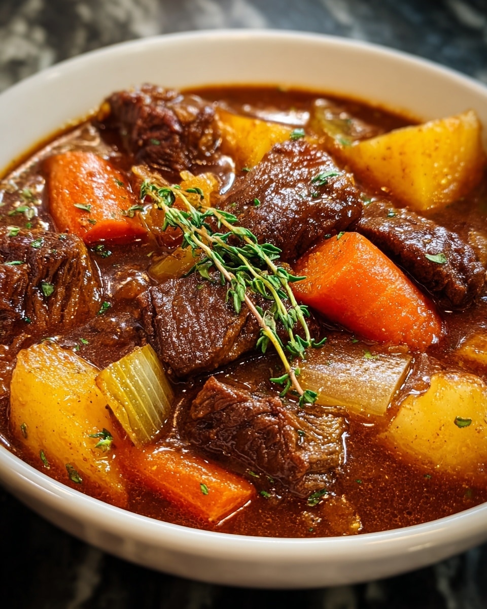 A close-up view of a bowl filled with a rich beef stew, showing large chunks of dark brown tender beef, bright orange carrot pieces, pale yellow potato cubes, translucent cooked onions, and small bits of green celery, all swimming in a thick, glossy brown broth. A sprig of fresh green thyme rests on top, adding a splash of color. The bowl is white, sitting on a white marbled textured surface, emphasizing the hearty and rustic look of the stew. photo taken with an iphone --ar 4:5 --v 7