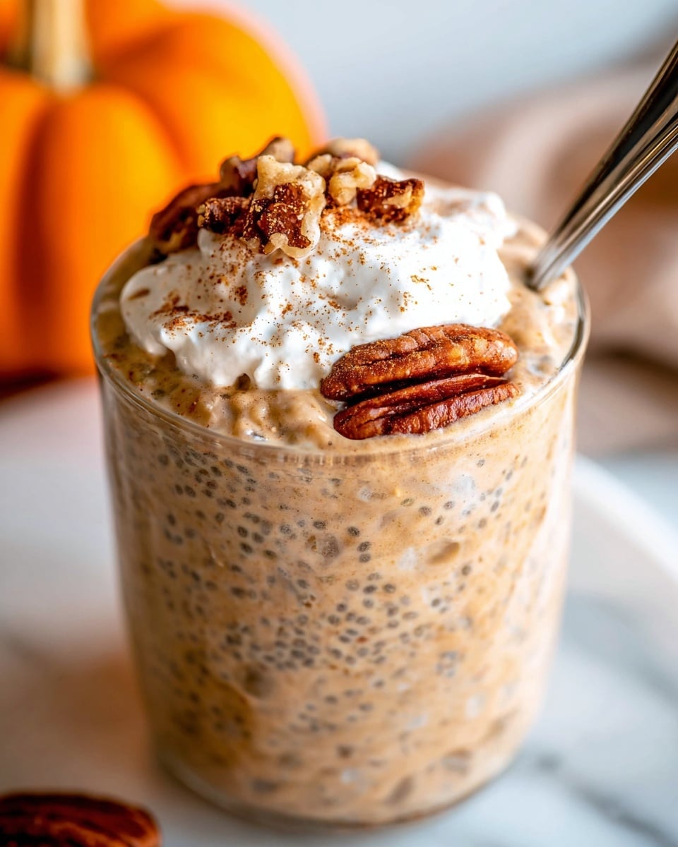 A clear glass jar filled with a thick, creamy oatmeal mixture speckled with tiny dark chia seeds, showing a beige tone. The top layer has a generous pile of chopped nuts in various shades of brown with a rough texture. On one side of the nuts, there is a swirl of white whipped cream sprinkled lightly with brown cinnamon powder. The jar is placed on a round white marble coaster, set against a white marbled surface. photo taken with an iphone --ar 4:5 --v 7