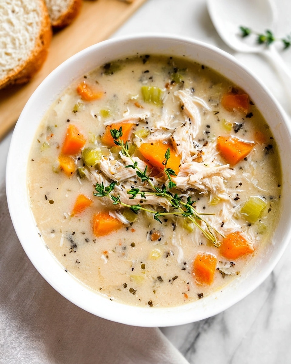 A bowl of thick soup with three main layers: the base is creamy and light beige with tiny black specks, mixed with shredded white chicken meat; floating in the soup are bright orange carrot cubes and translucent light green celery pieces, scattered evenly; fresh green thyme sprigs rest gently on top, adding a touch of green contrast; the bowl is white and placed on a white marbled surface with a piece of sliced white bread blurred in the background, and a white spoon visible at the side. photo taken with an iphone --ar 4:5 --v 7