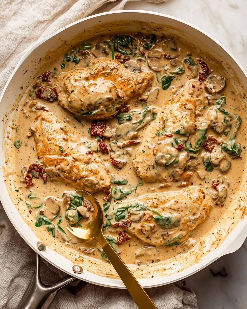 A white pan filled with creamy sauce containing four cooked chicken breasts partially covered in thick light beige sauce, with visible pieces of chopped mushrooms and green spinach leaves mixed in. The sauce is smooth with a slightly grainy texture from spices, and small bits of sun-dried tomato add touches of deep red. A gold spoon rests inside the pan, surrounded by the creamy mixture, enhancing the rich and hearty appearance of the dish. The whole scene is set on a white marbled texture with neutral cloth beneath the pan. photo taken with an iphone --ar 4:5 --v 7