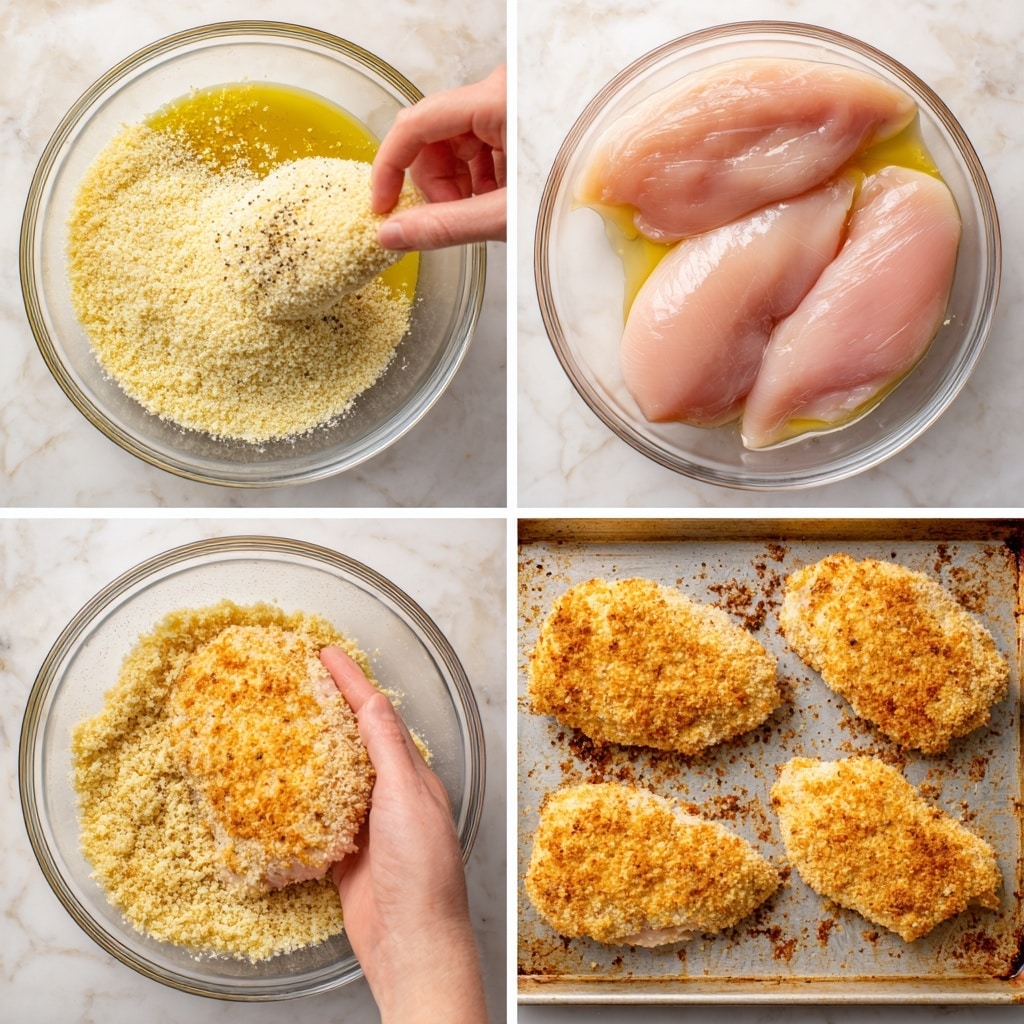 The series of images show the step-by-step preparation of breaded chicken breasts. The first layer in a clear glass bowl is dry panko breadcrumbs, light yellow in color with a coarse texture, being poured into the bowl against a white marbled surface. The second layer shows the plain chicken breasts, smooth and light pink, placed next into the bowl. The third layer adds black pepper and white salt sprinkled over the chicken, giving a speckled look. Next, a golden liquid, likely olive oil, is poured over the seasoned chicken, creating a shiny wet surface. Then, a woman's hand holds one chicken breast coated in breadcrumbs, pressing it into the bowl filled with breadcrumbs. The raw chicken breasts are shown fully covered in the light yellow breadcrumbs and laid out separately on a metal baking tray. Finally, the baked breaded chicken breasts are golden brown and crisp with slightly darkened spots, sitting on the baking tray with some browned crumbs scattered around. Photo taken with an iphone --ar 4:5 --v 7