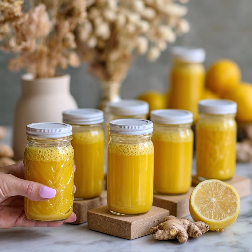 The image shows six small glass jars filled with bright yellow-orange ginger turmeric shots with white lids, placed on a small raised brown cardboard platform on a white marbled surface. In front of the jars, there is a piece of fresh light brown ginger and a halved lemon with a pale yellow interior on the right side. A clear glass measuring cup is on the left, and a white vase with beige dried flowers is in the background. In a close-up below, a woman's hand with light pink nail polish holds one jar of the same yellow-orange liquid with some foam on top, showing glossy texture and reflections on the glass. Halved lemons and other jars are blurred in the background. Photo taken with an iphone --ar 4:5 --v 7