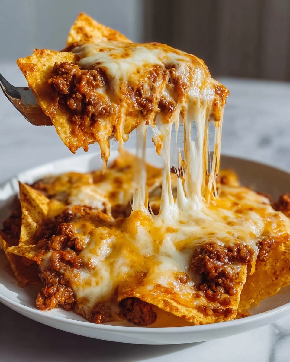 A close-up of a slice of cheesy baked pasta on a white plate, showing multiple layers: a base layer of pasta covered with a creamy white sauce, topped with a thick layer of browned ground meat mixed with tomato sauce, and finished with a generous layer of melted golden cheddar cheese that looks gooey and stretchy, with a few triangular crunchy tortilla chips scattered on top adding an orange color and rough texture. The background is a white marbled surface. Photo taken with an iphone --ar 4:5 --v 7