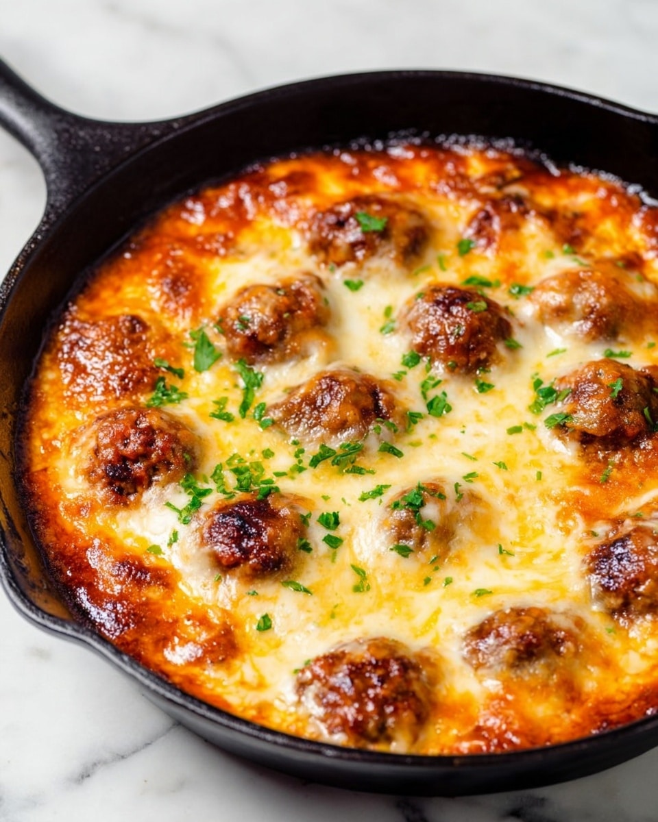 A black cast iron pan is filled with a dish showing two main layers: the bottom layer is melted, bright orange cheese mixed with some white cheese, creating a smooth creamy texture, topped with browned meatballs that are evenly spread around the pan. The meatballs are a dark brown color with a slightly crispy texture and are garnished with small bits of fresh green herbs. A silver spoon rests inside the pan, partially lifting one meatball, showing the gooey cheese beneath. The pan is placed on a white marbled surface with a beige and white striped cloth in the top right corner. Photo taken with an iphone --ar 4:5 --v 7