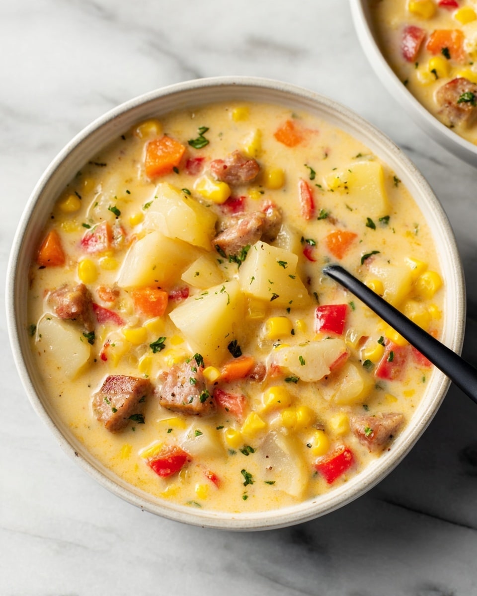Two bowls of creamy soup are shown from above, each filled with chunks of light beige potatoes, bright yellow corn, orange carrot pieces, small green herb bits, and round slices of brown sausage in a pale creamy broth. The bowls are white with a slightly rough texture and sit on a white marbled surface, partially covered by a soft white cloth. A green and white seasoning container with red and black text lies beside one bowl, and two shiny silver spoons rest near the bottom edge of the image. Photo taken with an iphone --ar 4:5 --v 7