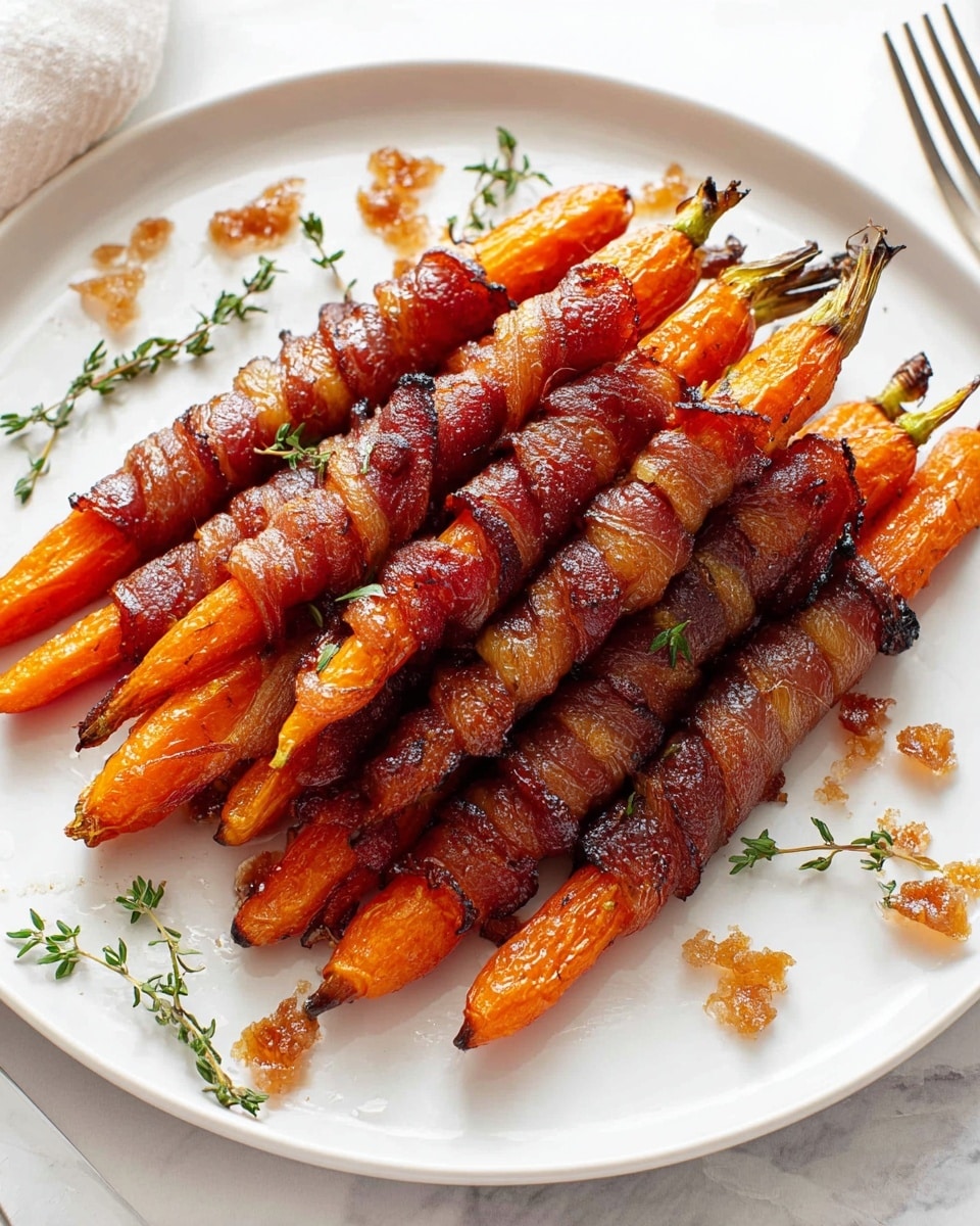 The dish shows a white round plate with a stack of about ten carrot sticks wrapped in crispy, browned bacon strips. The bacon is shiny and caramelized with a spiral texture around each bright orange carrot stick, slightly charred at the ends. Small green sprigs of thyme are scattered around the plate along with bits of light brown sugar crystals. The plate sits on a white marbled surface, with a fork and knife partially visible on the right side. Photo taken with an iphone --ar 4:5 --v 7