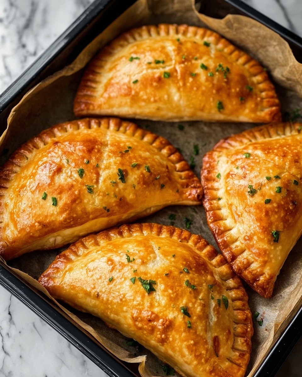 The image shows four golden-brown baked pastries in a square black baking tray lined with white parchment paper. Each pastry is triangular with crimped edges and small holes on top, sprinkled with chopped green herbs. The pastries have a shiny, crisp surface with a slightly uneven texture. The tray is placed on a white marbled surface. Photo taken with an iphone --ar 4:5 --v 7
