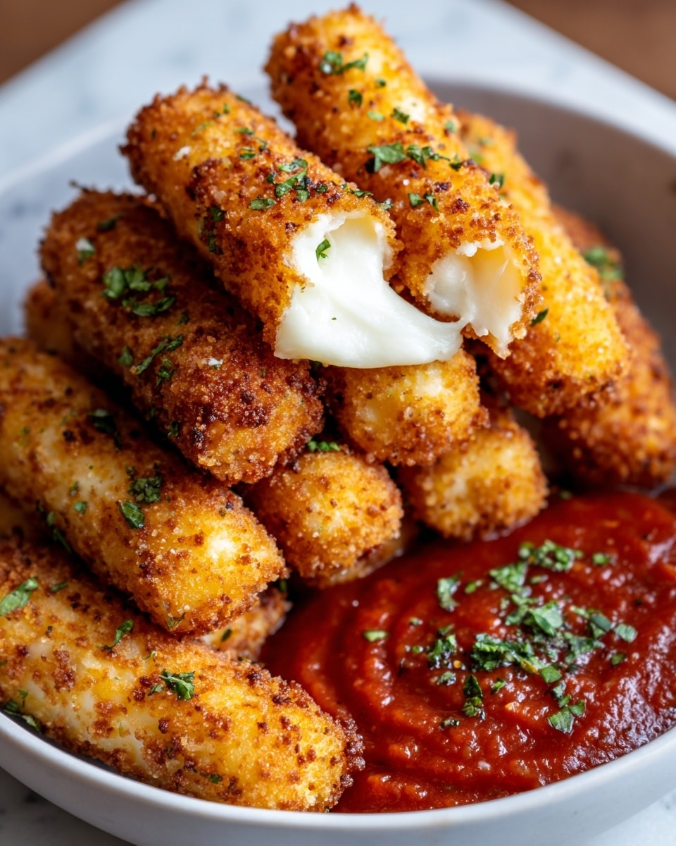The image shows a bowl full of golden brown crispy mozzarella sticks, each about four to five layers thick, with a crunchy, breaded outer layer coated with small bits of seasoning and a smooth, creamy white mozzarella cheese filling visible at the ends of some sticks. The sticks are sprinkled with small green parsley pieces, adding a fresh touch of color. The bowl is white and sits on a white marbled surface, with a side of bright red marinara sauce partially visible in the background. Photo taken with an iphone --ar 4:5 --v 7
