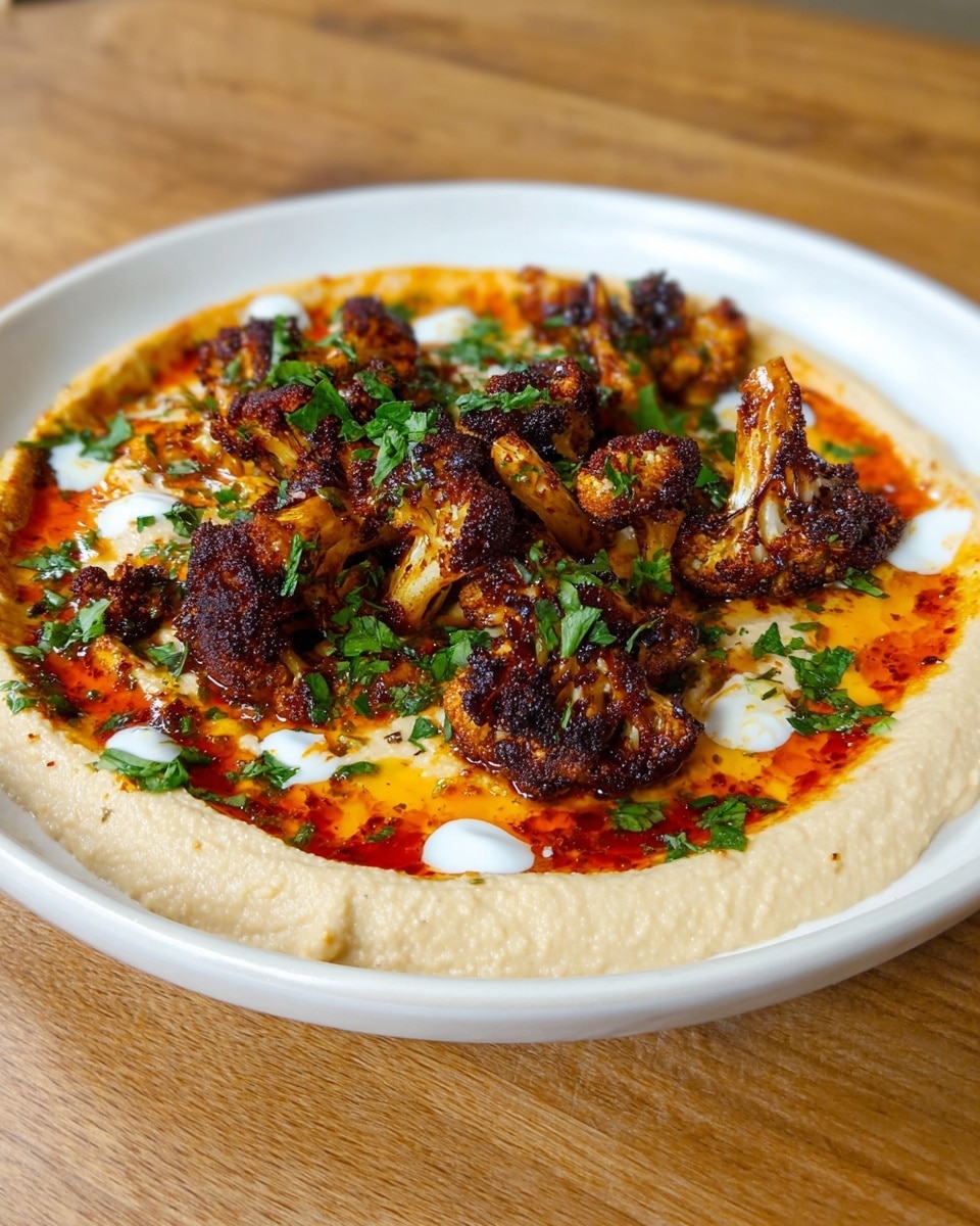 The dish is presented on a white plate with a base layer of smooth hummus spread evenly in a thick ring covering the bottom. On top, there are several pieces of roasted cauliflower with a dark, slightly charred texture and a rich golden brown color, arranged closely in the center. Bright orange-red chili oil is drizzled over the cauliflower and hummus, adding a glossy finish. Small dollops of white sauce are placed sporadically around the cauliflower, and fresh chopped green herbs are sprinkled across the dish, adding contrast and freshness. The plate sits on a wooden surface. photo taken with an iphone --ar 4:5 --v 7