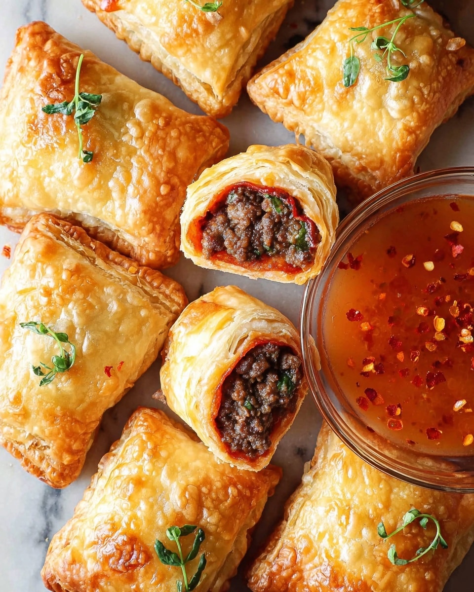 The image shows several puff pastries arranged closely together on a white marbled surface. Each pastry has a golden, flaky outer layer with a slightly shiny texture and is folded to form a pocket holding a rich, dark brown minced meat filling visible in the opening. Inside the pastries, there is also a thin layer of red sauce beneath the meat. Fresh green herb sprigs are placed on top of some pastries, providing a pop of color. At the center left of the image, there is a white bowl filled with a reddish-orange sauce sprinkled with crushed red chili flakes, giving it a textured look. The overall scene is warm and inviting, with the pastries stacked in an irregular pattern. Photo taken with an iphone --ar 4:5 --v 7