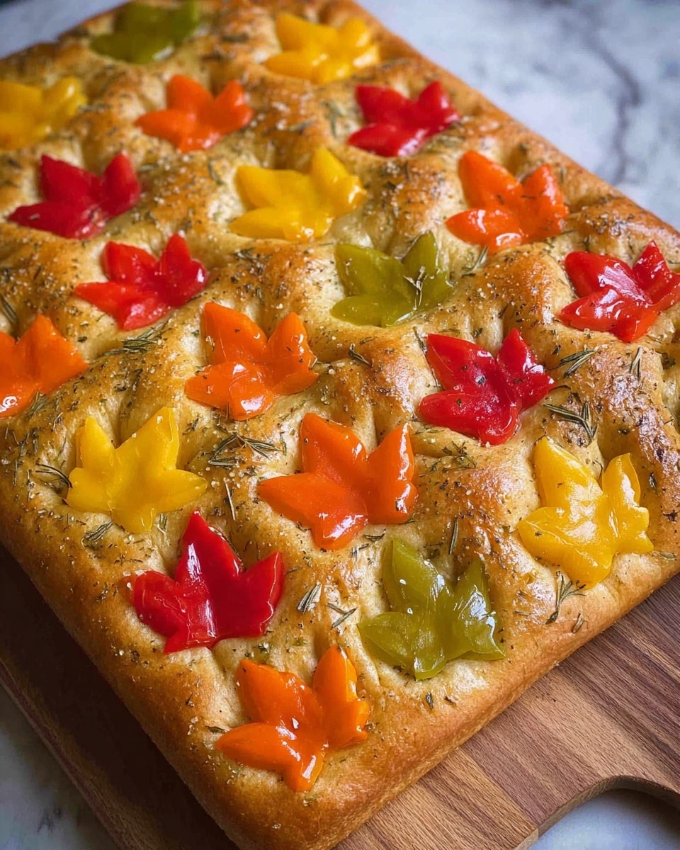 A rectangular piece of light brown focaccia bread with a soft, dimpled texture is shown in a metal baking tray. The surface of the bread is decorated with twelve colorful, glossy bell pepper slices cut in the shape of maple leaves in three colors: red, orange, and yellow, arranged in an evenly spaced grid pattern. The bread also has a sprinkling of herbs scattered across the top. The photo is taken on a white marbled texture background. photo taken with an iphone --ar 4:5 --v 7