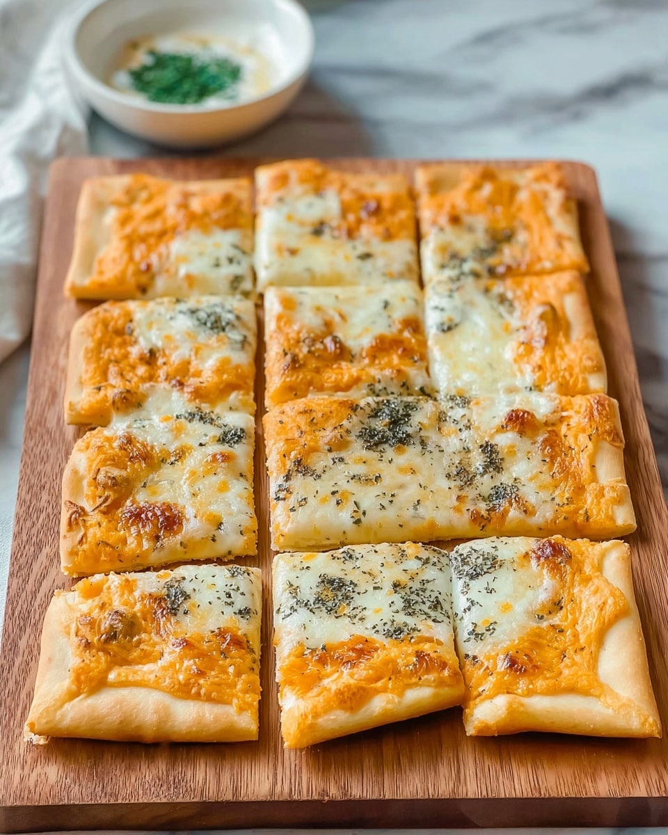 The image shows a rectangular flatbread pizza cut into nine square pieces arranged in three rows and three columns on a wooden board. The base is a light golden crust with a slightly puffed and soft edge. The first layer on top is an even spread of orange cheese sauce covering the whole flatbread. The second layer is melted white cheese scattered unevenly, creating creamy patches. The final layer is a sprinkle of dark green dried herbs, adding texture and color contrast, lightly spread over each piece. In the background, there is a white round bowl with a green herb garnish, placed on a white marbled surface. photo taken with an iphone --ar 4:5 --v 7