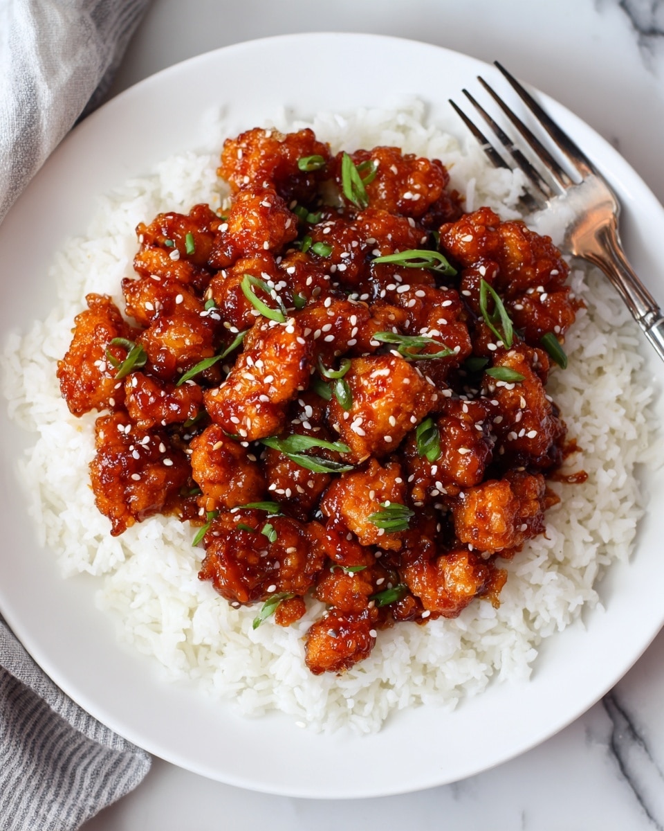 A white plate holds a serving of white rice arranged in a circular base layer. On top, there is a thick layer of small, bite-sized pieces of chicken coated in a reddish-brown sauce with a glossy texture. The chicken is sprinkled with white sesame seeds and small chopped green onions scattered evenly over the top. The plate is placed on a white marbled surface with a metal fork visible at the upper right side of the plate. photo taken with an iphone --ar 4:5 --v 7