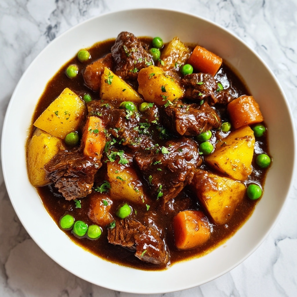The image shows a close-up of a beef stew with thick chunks of brown, tender beef as the main layer. Mixed in are pieces of soft-looking orange carrot chunks and yellow potato wedges, which add color contrast. Bright green peas are scattered throughout, adding small pops of vibrant green. Everything is covered in a glossy, rich brown gravy that looks thick and smooth. The food is served in a white bowl, and the background is a white marbled texture. The overall look is hearty and comforting photo taken with an iphone --ar 4:5 --v 7