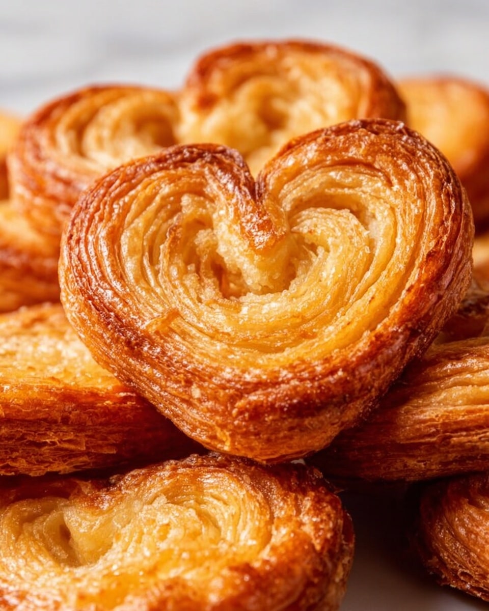 A close-up view of several golden-brown palmiers stacked together, showing their distinctive heart shape with multiple layers of thin, flaky, crispy pastry. The outer edges have a shiny caramelized sugar glaze, with a slightly darker brown color and a rough texture. The inner layers are lighter, soft, and airy with visible layers creating a swirled pattern. The background is a white marbled texture that contrasts with the warm tones of the pastries. photo taken with an iphone --ar 4:5 --v 7