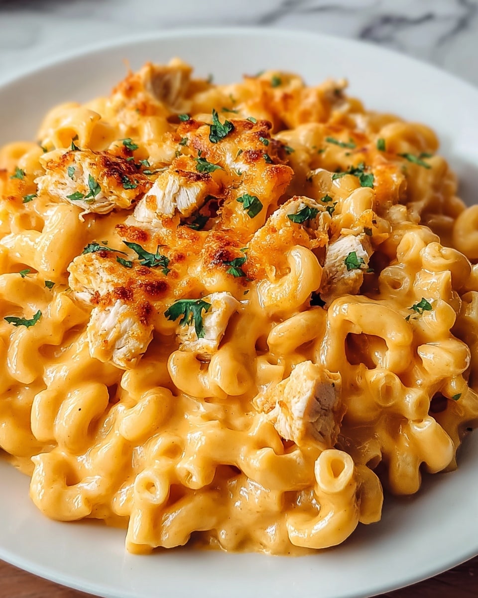 A white plate filled with creamy macaroni and cheese topped with pieces of cooked chicken and small bits of green herbs, the pasta is covered in a smooth, golden yellow melted cheese sauce with a slightly browned texture on top. The plate is placed on a white marbled surface, with a beige cloth partially visible at the edge. The overall look is warm, cheesy, and rich, showing the soft texture of the pasta and tender chicken pieces. photo taken with an iphone --ar 4:5 --v 7