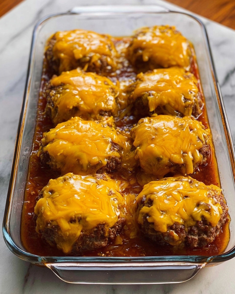 A clear glass baking dish filled with six hamburger patties arranged in two rows, each patty covered with melted, golden-yellow cheddar cheese, showing visible melted cheese strands and a slightly glossy texture. The patties are brown with a crumbly texture under the cheese, and a rich, saucy layer with a reddish-brown color is seen beneath them, filling the bottom of the dish. The dish is placed on a white marbled surface. Photo taken with an iphone --ar 4:5 --v 7