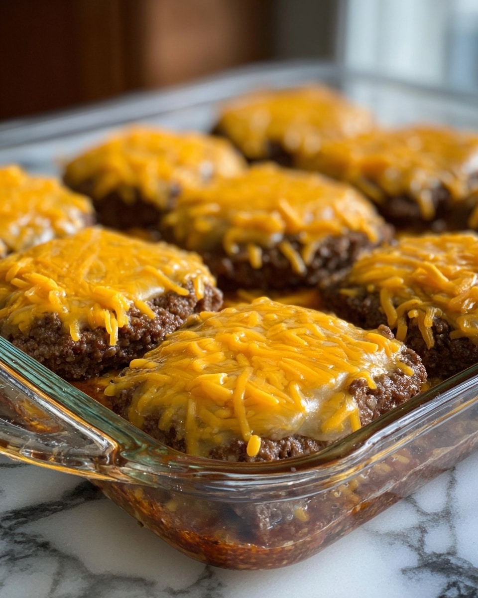 The image shows a clear glass baking dish filled with multiple round meat patties arranged in rows on a white marbled surface. Each patty has a thick bottom layer of browned, cooked ground beef with a textured, crumbly look. On top of each patty there is one smooth, melted slice of yellow cheese, covered with shredded cheddar cheese that is bright orange and unevenly spread. The cheese appears shiny and soft, slightly oozing down the sides of the patties. The background is softly blurred, focusing attention on the glossy, hearty patties in the dish. Photo taken with an iphone --ar 4:5 --v 7