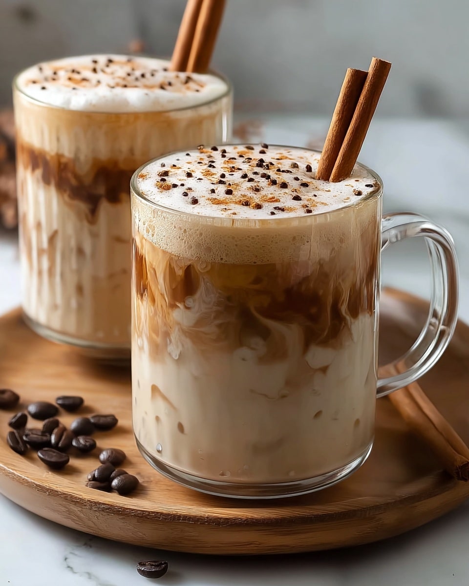 The image shows two clear glass mugs filled with a creamy light brown drink that has visible layers: a darker coffee-colored base with swirled milk creating a marbled effect, topped with a thick layer of frothy foam. The foam is sprinkled with small bits of ground cinnamon or nutmeg, and each mug is garnished with two upright cinnamon sticks. The mugs rest on a round wooden tray with a few scattered coffee beans beside them, all placed on a white marbled surface. The photo taken with an iphone --ar 4:5 --v 7