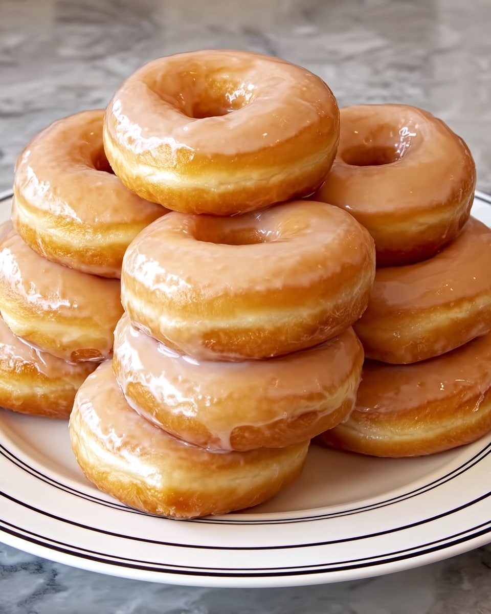 A white plate holds a stack of nine shiny glazed doughnuts arranged in two layers; the bottom layer has six doughnuts touching each other with a light golden brown color, soft texture, and a smooth, glossy pale beige glaze covering the top and sides. The top layer has three doughnuts placed evenly above, showing the same glossy glaze and warm golden tones with a slight shine reflecting light. The plate sits on a white marbled surface. photo taken with an iphone --ar 4:5 --v 7