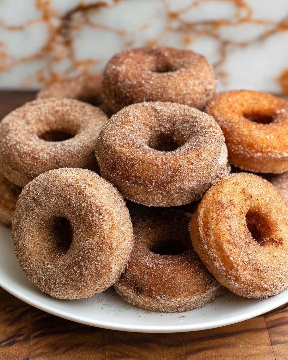The image shows a white plate filled with eight soft, round donuts covered evenly in a brown sugar and cinnamon coating that gives a grainy texture. The donuts have a light golden brown color beneath the sugar and are stacked casually, some leaning on others. The center hole of each donut is clearly visible, adding to their ring shape. The plate is placed on a wooden surface with a white marbled texture in the background. photo taken with an iphone --ar 4:5 --v 7