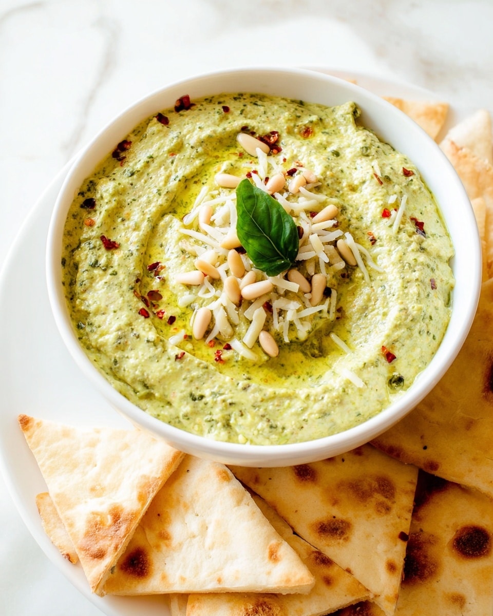 A close-up view of a white bowl filled with a thick, creamy green dip that has a slightly coarse texture. The dip is swirled on top to form a shallow depression in the center holding golden olive oil, adding a shiny surface. Scattered across the dip are pale beige pine nuts and small thin slivers of light yellow cheese, with a few tiny red chili flakes sprinkled around. The bowl sits on a white marbled surface, with soft natural light enhancing the fresh colors. photo taken with an iphone --ar 4:5 --v 7