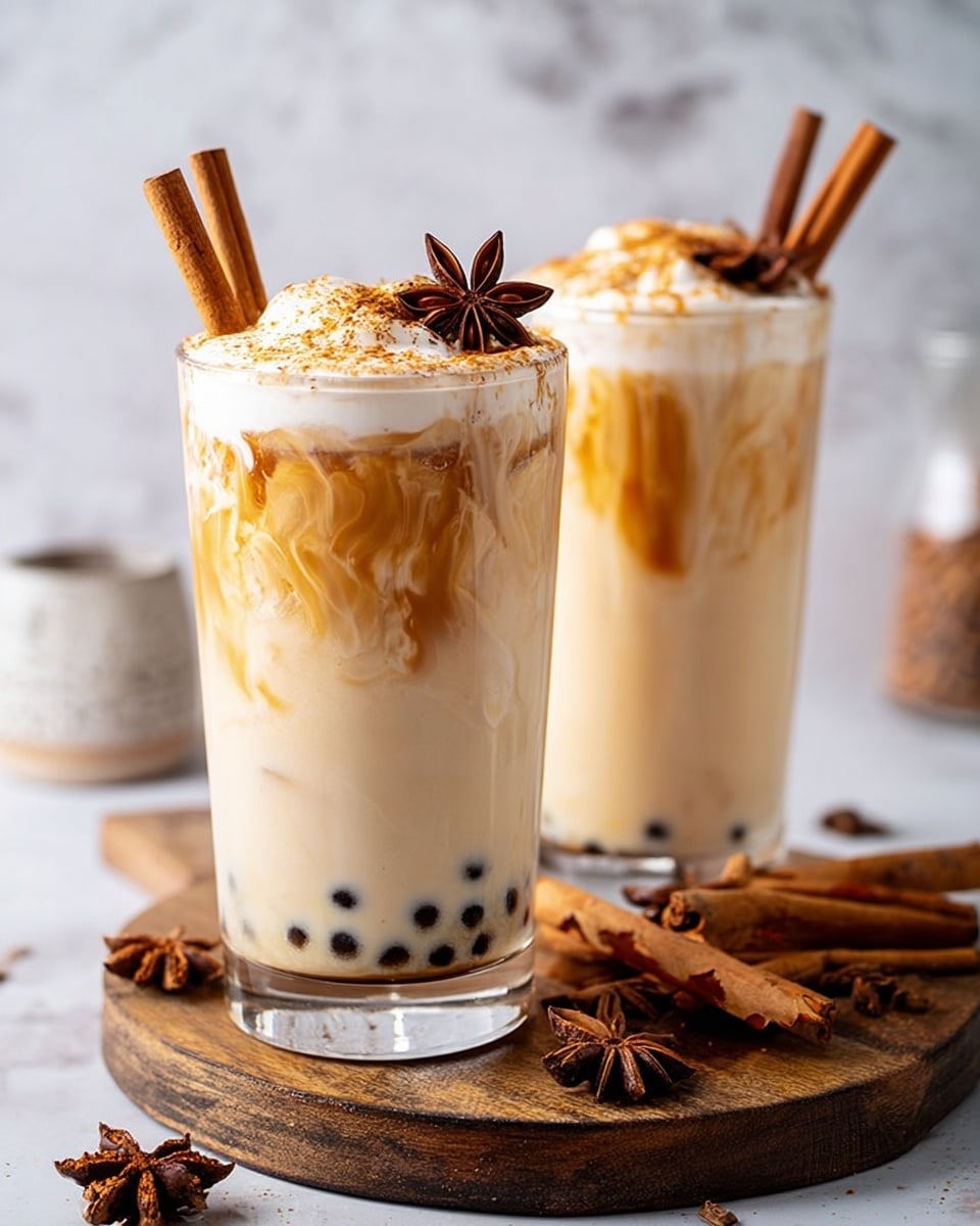 Two tall clear glasses filled with a creamy light beige drink featuring small black pearls scattered inside. The drink has swirls of caramel brown syrup around the middle and bottom layers, topped with a frothy light cream layer sprinkled with light brown powder. Each glass is garnished with a cinnamon stick and a dark brown star anise on top. The glasses sit on a round wooden board with several cinnamon sticks and star anise placed around it, all set against a white marbled texture. Photo taken with an iphone --ar 4:5 --v 7