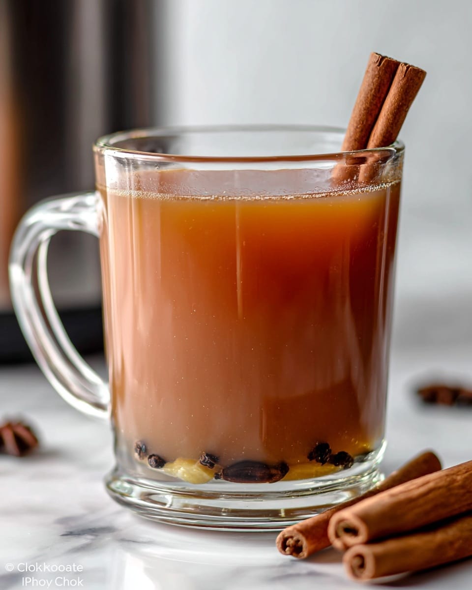 Two clear glass mugs filled with an orange-brown drink are seen on a white marbled surface. Each mug has a cinnamon stick placed inside, one positioned more upright and the other angled across the top. Small cloves and star anise rest on the marble next to the mugs. In the background, a bottle of Fireball Cinnamon Whisky with bright orange and red label stands tall, and behind it is a stainless steel slow cooker with a black rim and orange slices visible inside. The scene is warm and cozy with the spices and drink colors standing out. Photo taken with an iphone --ar 4:5 --v 7