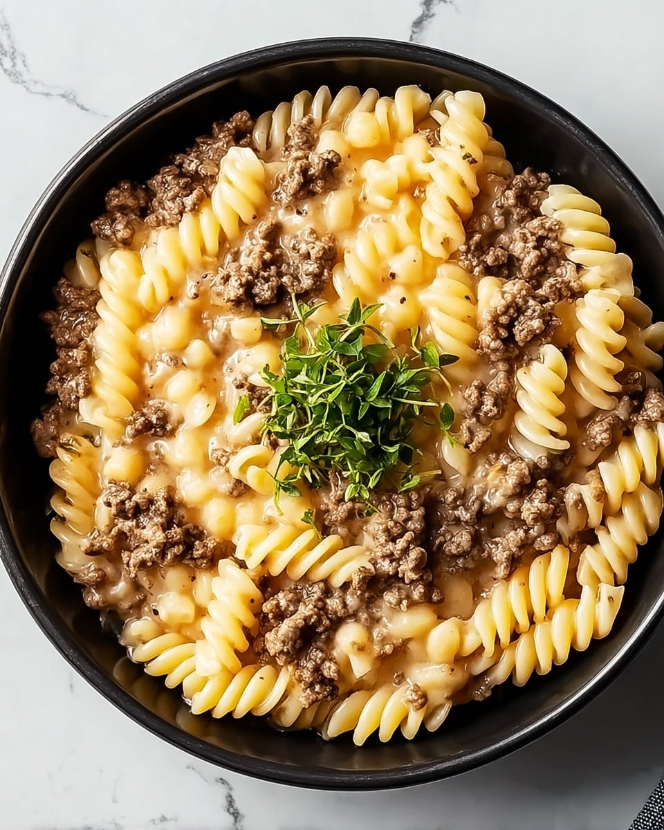 A black bowl filled with creamy pasta made of three layers: the bottom layer is pale yellow spiral pasta, the middle layer is a mixture of brown cooked ground meat and soft cooked orange tomato pieces, and the top layer is melted white cheese sprinkled with black pepper and green parsley leaves placed both on the cheese and around the bowl. The bowl is on a white marbled textured surface with scattered parsley leaves, black peppercorns, and fresh thyme sprigs nearby, along with a wooden board holding a block of cheese and a white plate with two red cherry tomatoes. Photo taken with an iphone --ar 4:5 --v 7
