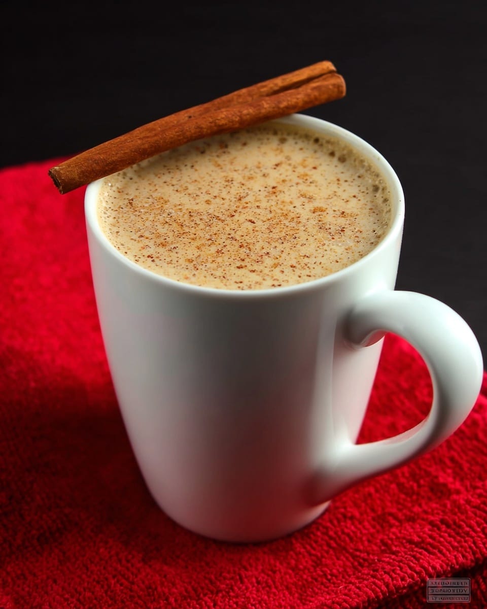 A top view of a white cup filled with a light creamy beige drink sprinkled evenly with fine brown powder on the surface, placed on a white marbled textured table with a red cloth underneath. Next to the cup, two cinnamon sticks lie parallel on the red cloth, and a silver spoon is partly visible on the left side. The scene is simple with soft lighting highlighting the smooth texture of the drink. photo taken with an iphone --ar 4:5 --v 7