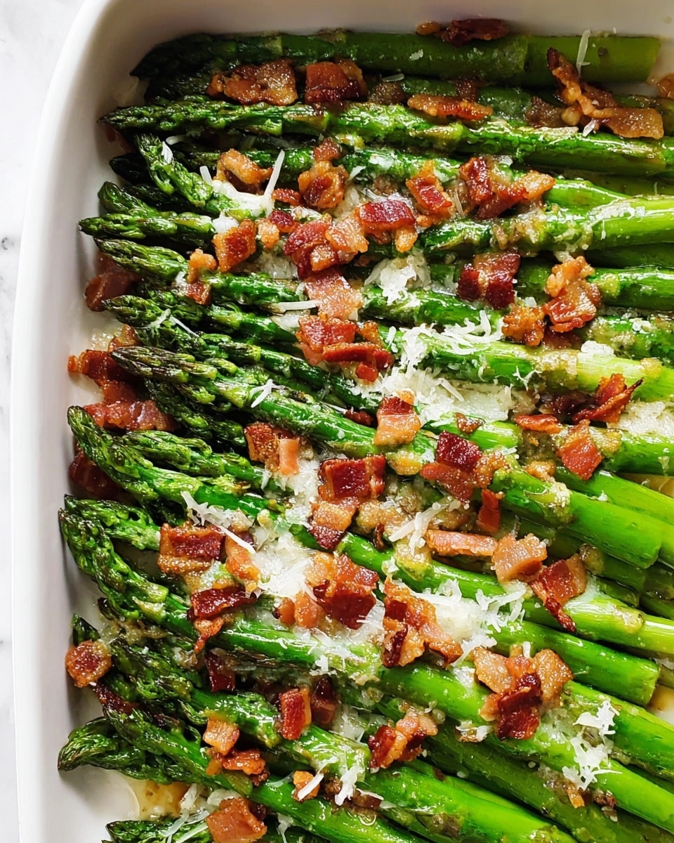 The image shows a white rectangular dish filled with bright green asparagus spears laid out close together in a single layer, topped with small pieces of crispy, golden-brown bacon scattered unevenly across the top. There is a thin sprinkle of white, shredded cheese or finely grated topping spread sparingly over the asparagus and bacon, adding texture and contrast. The overall look is fresh and inviting, with the shiny, slightly oily surface of the asparagus and bacon pieces shining under soft lighting. The background is a white marbled texture. photo taken with an iphone --ar 4:5 --v 7