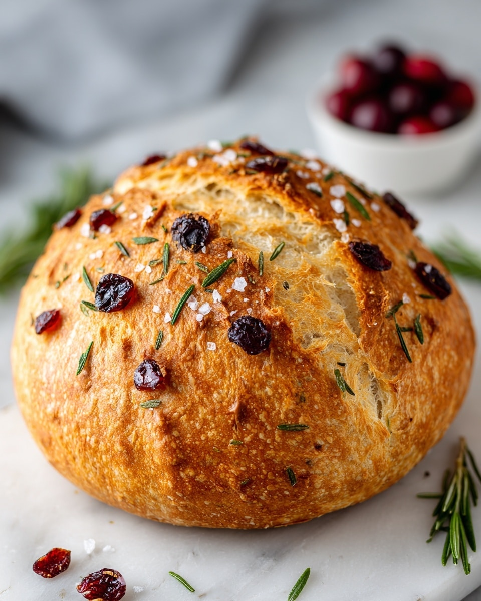 A round loaf of bread with a rough golden-brown crust sits on a wooden board. The bread is topped with scattered dried red cranberries and sprigs of green rosemary. Coarse salt crystals sparkle on the surface and around the loaf. Extra cranberries and rosemary sprigs lie on the board near the front. The background shows a white marbled texture, creating a clean contrast to the rustic loaf. photo taken with an iphone --ar 4:5 --v 7