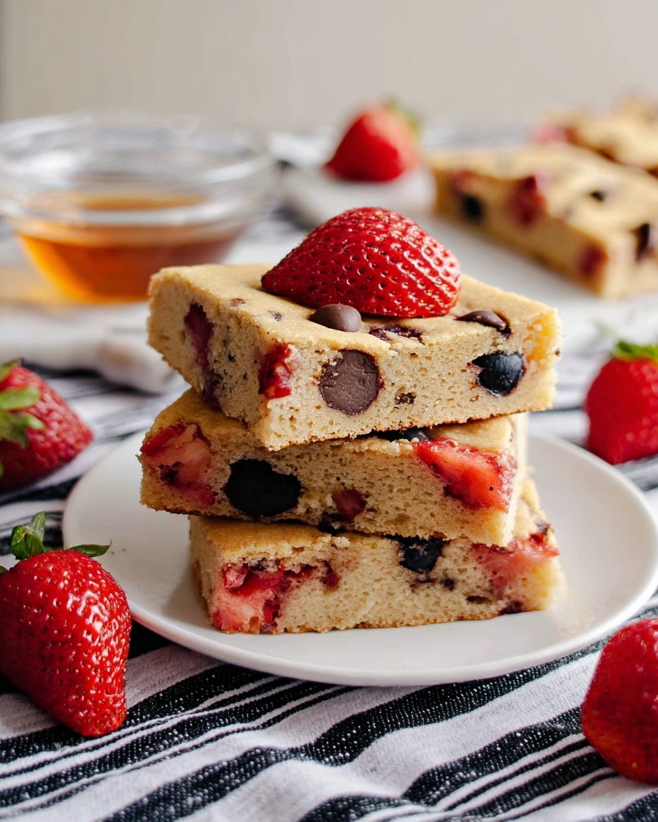 A stack of four square cake slices sits on a white plate on top of a white marbled surface with black stripes. Each slice is light brown with a soft, spongy texture and contains embedded pieces of red strawberries, dark blueberries, and small dark chocolate chips, spread unevenly throughout. The top slice prominently shows a large strawberry piece and several chocolate chips on its surface. Around the plate, fresh whole strawberries add vibrant color to the scene, and a small glass bowl with amber syrup is seen in the background. Photo taken with an iphone --ar 4:5 --v 7