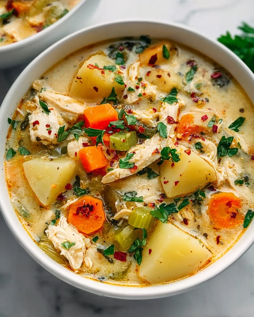 A close-up view of a white bowl filled with chunky chicken soup resting on a white marbled surface. The soup has a creamy broth with visible pieces of white shredded chicken, large chunky potato pieces in pale yellow, bright orange carrot slices, and crisp green celery chunks. Small bits of fresh green parsley and red pepper flakes float on top, adding color and texture contrast. The soup looks thick and hearty, with all the ingredients mixed evenly in the bowl. photo taken with an iphone --ar 4:5 --v 7