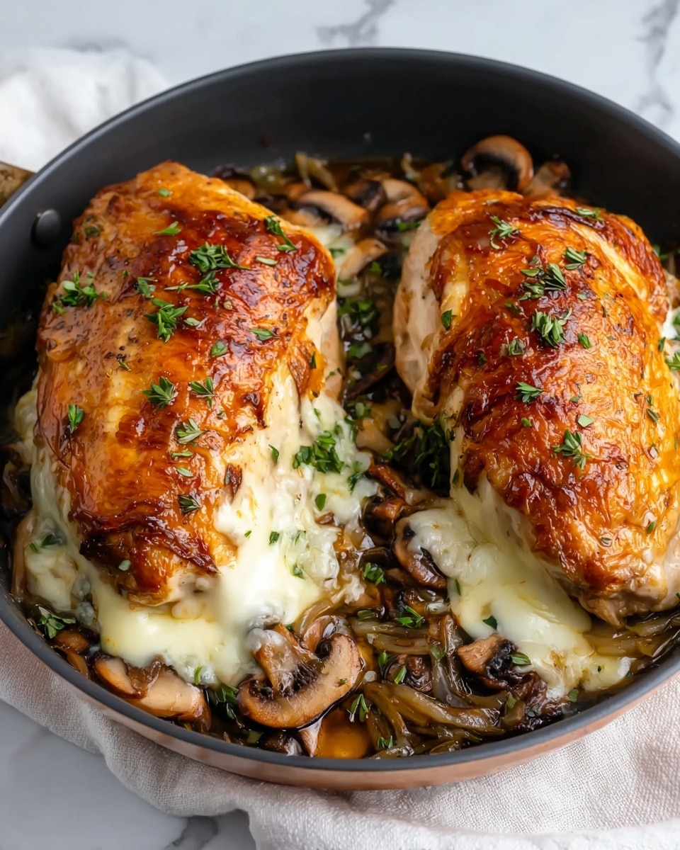Two large golden-brown roasted chicken breasts sit side by side in a black pan on a white marbled surface with a white cloth underneath. Each chicken breast has a crispy, shiny skin on top and melted creamy white cheese oozing out from under the skin, covering some sautéed sliced brown mushrooms mixed with small pieces of green herbs and translucent cooked onions at the bottom. The cheese and mushrooms peek out between the chicken skin and breast, adding texture and color contrast. The overall look is warm, juicy, and inviting. photo taken with an iphone --ar 4:5 --v 7