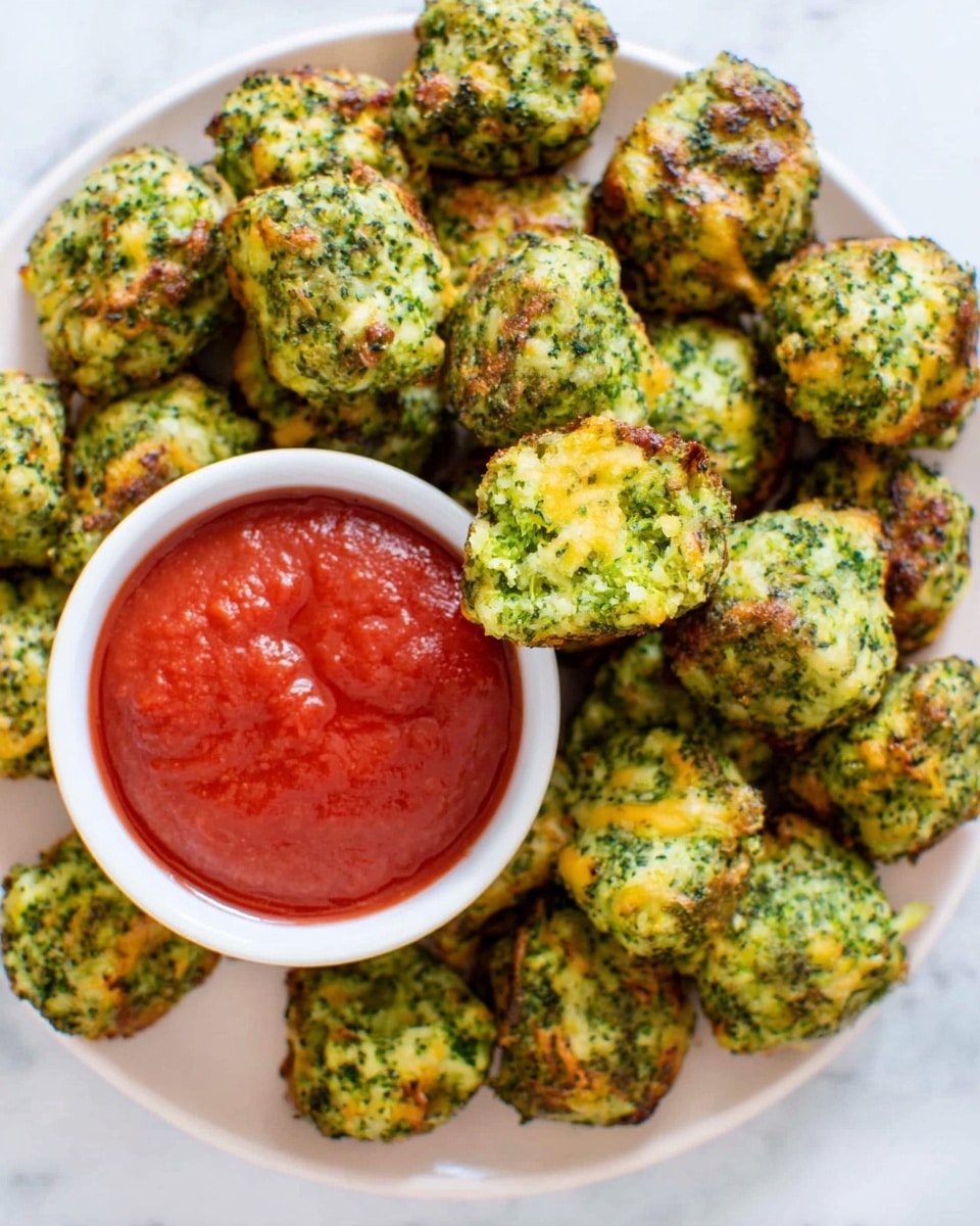The image shows a white plate on a white marbled background filled with small, round broccoli cheese bites that have a rough, green textured surface with bits of melted golden cheese visible. In the center of the plate, there is a white bowl with smooth, red marinara sauce. One broccoli cheese bite is half-dipped into the sauce, showing a contrast between the green and red colors. The overall look is vibrant and appetizing with a mix of green, golden, and red colors. photo taken with an iphone --ar 4:5 --v 7