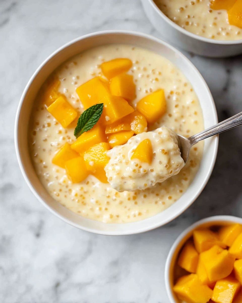 A white bowl filled with creamy pale yellow tapioca pudding topped with several chunks of bright orange mango and a small green mint leaf. A spoon holds up a scoop of the pudding mixed with mango pieces, showing the pudding’s smooth and slightly bumpy texture with small tapioca pearls. A smaller white bowl with extra bright orange mango chunks sits nearby on a white marbled surface. Photo taken with an iphone --ar 4:5 --v 7