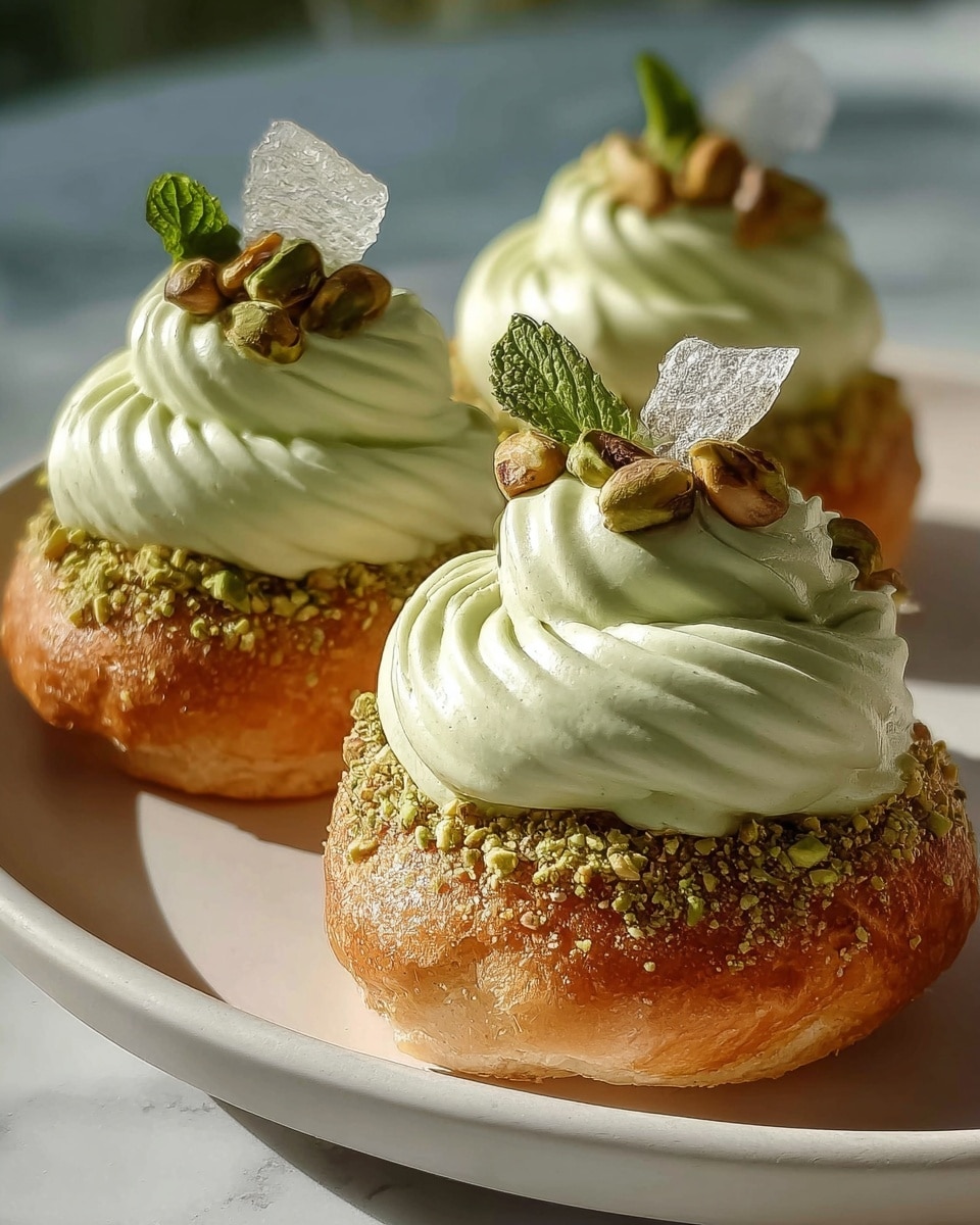 Three round pastries sit closely on a white plate against a white marbled texture background. Each pastry has a golden brown, slightly rough, and cracked base dusted lightly with powdered sugar. On top of the base is a thick swirl of pale green cream with a smooth, airy texture. Above this green layer is a smaller, delicate swirl of white cream that has fine ridges and a soft, whipped look. The white cream is topped with a sprinkle of crushed green pistachios and a few small pieces of darker brown nuts, adding texture and color contrast. The scene is lit warmly, highlighting the creamy and crunchy textures. photo taken with an iphone --ar 4:5 --v 7