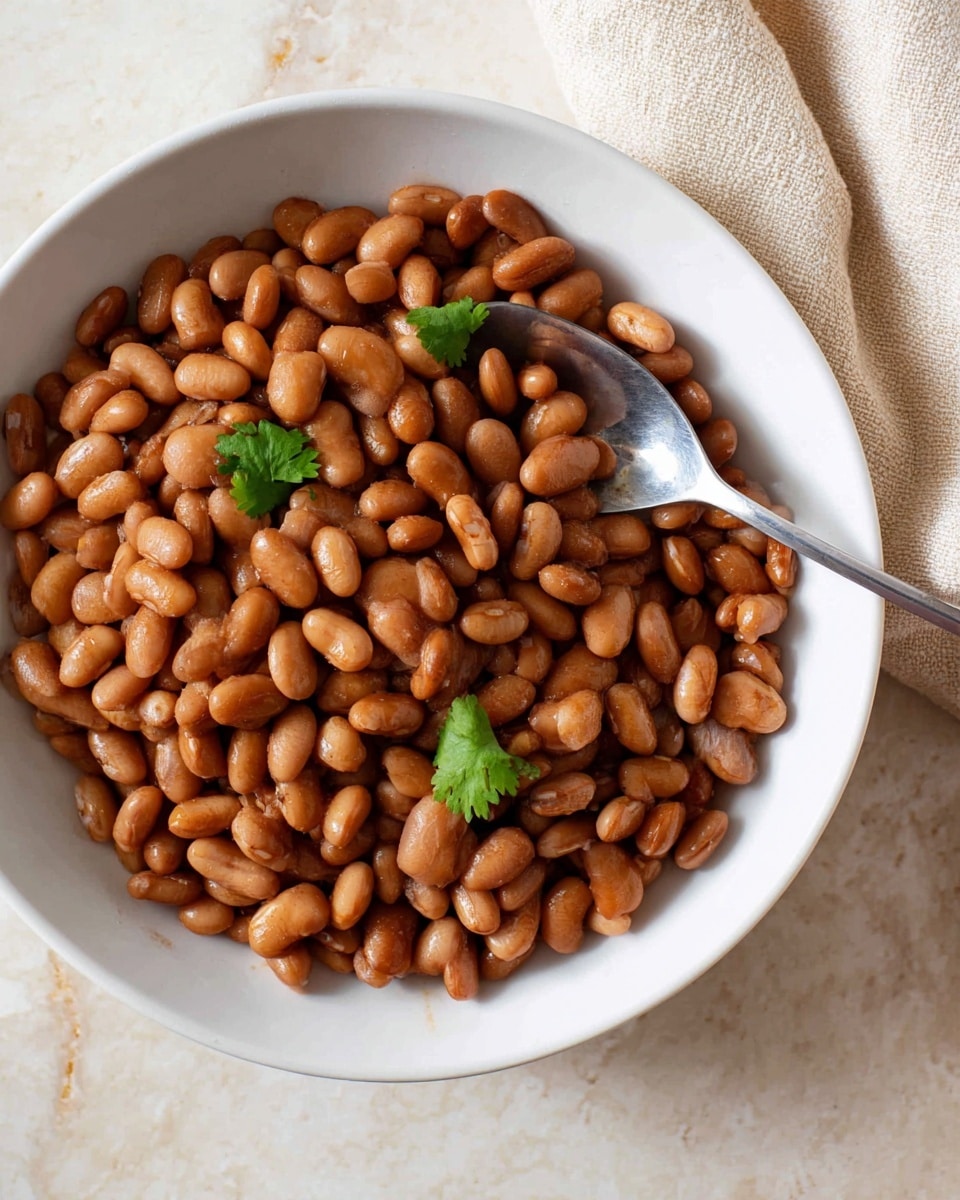 A white bowl filled with a single layer of cooked brown beans, each bean smooth and slightly shiny, varying in light and darker brown shades. Three small green cilantro leaves are scattered on top, adding a fresh color contrast. A silver spoon rests inside the bowl, partly buried under the beans, its handle extending outwards over the edge of the bowl. The bowl sits on a white marbled surface with a beige napkin slightly wrinkled in the upper right corner. photo taken with an iphone --ar 4:5 --v 7