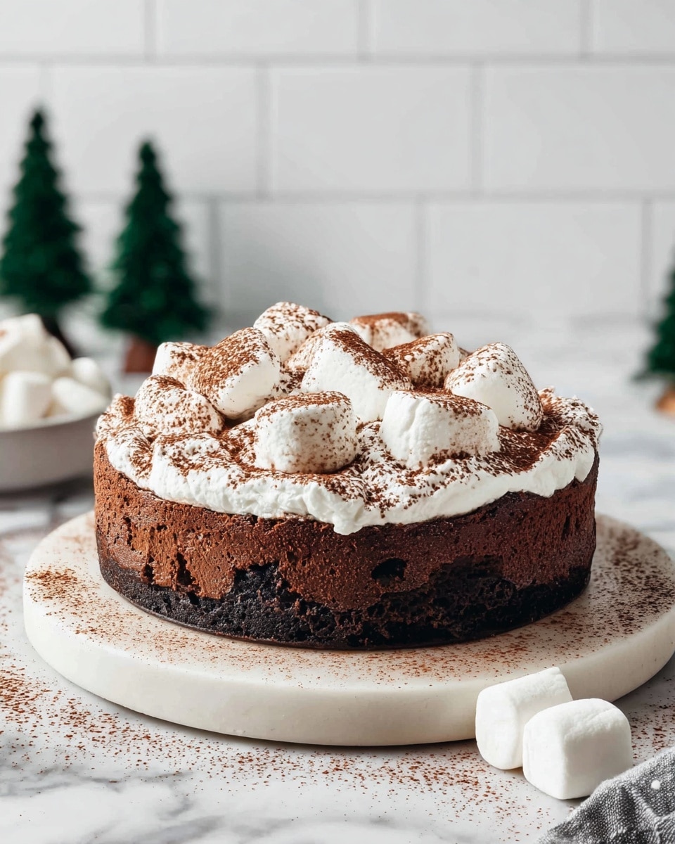 A round chocolate cake with a dark, thick base layer, topped with a thick layer of white whipped cream spread unevenly across the surface, dusted with cocoa powder. On top, there are large white marshmallows covered lightly with cocoa powder scattered randomly. The cake sits on a round white marble board, with some cocoa powder sprinkled around it, and two plain marshmallows placed at the front right. The background shows small green pine tree decorations on a white marbled surface with white tiled walls behind. photo taken with an iphone --ar 4:5 --v 7