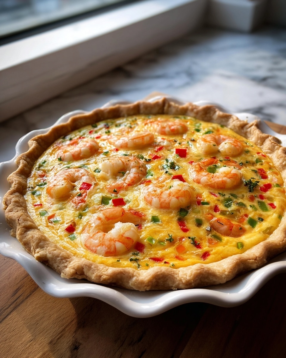 A golden-brown tart with a flaky crust forms the base, holding a thick layer of creamy yellow egg filling mixed with small pieces of green bell pepper and red bell pepper scattered inside. On top, five shrimp are placed evenly around the surface; they are pink with a slight char, showing grill marks. The tart sits on a white plate, all set against a backdrop of a white marbled texture with soft natural light coming from the side, highlighting the textures and colors of the dish. photo taken with an iphone --ar 4:5 --v 7