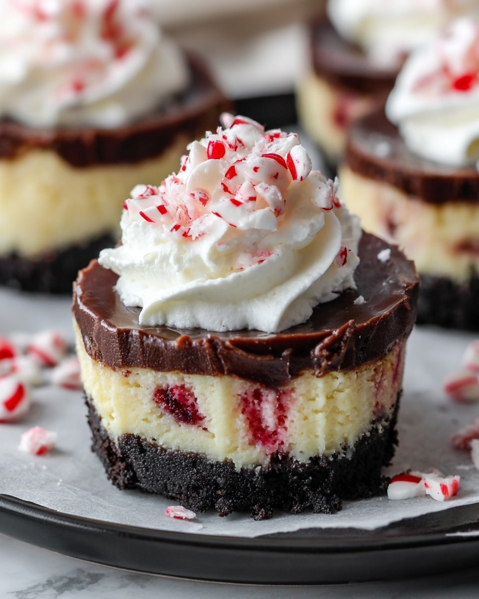 A mini cheesecake with three clear layers sits in a white paper liner on a dark tray. The bottom layer is thick, dark chocolate crumb crust with a rough texture. The middle layer is a creamy, pale yellow cheesecake with bits of red peppermint candy mixed in, giving a speckled look. On top of the cheesecake is a smooth, dark chocolate ganache layer. The dessert is crowned with a fluffy white whipped cream dollop sprinkled with small pieces of red and white crushed peppermint candy. Some peppermint crumbs are scattered lightly around the tray on a white marbled surface. photo taken with an iphone --ar 4:5 --v 7