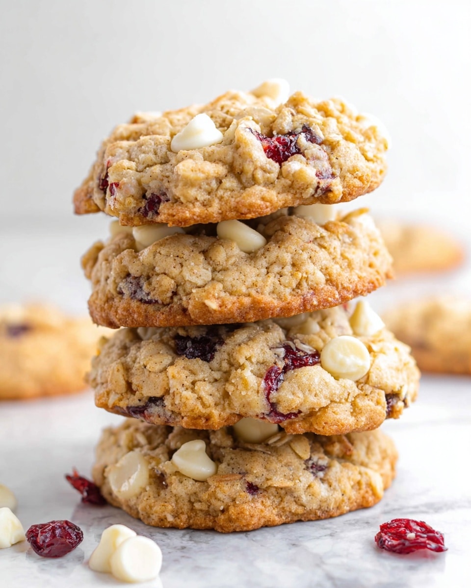 A stack of four thick, soft oatmeal cookies with visible layers of white chocolate chips and dried cranberries is shown. Each cookie has a golden-brown bottom and a light tan top, with a rough and chunky texture from the oats and mix-ins. The cookies are stacked unevenly on a white marbled surface, with some white chocolate chips and dried cranberries scattered around, adding small touches of white and deep red color. The photo taken with an iphone --ar 4:5 --v 7