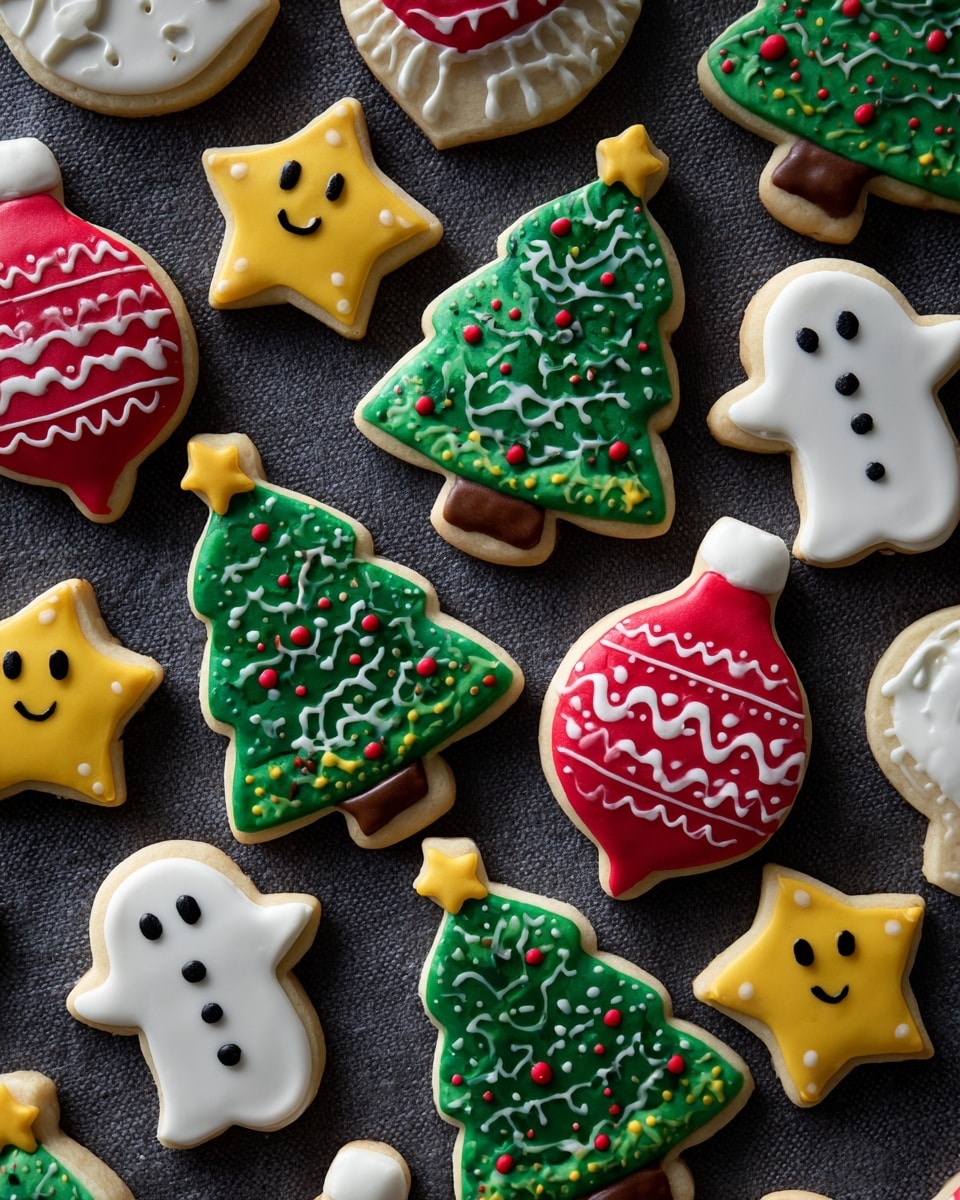 The image shows many small Christmas cookies on a black textured surface. There are different shapes including red and white striped ornaments that are round and teardrop-shaped, green Christmas trees with yellow stars on top and red dots, yellow stars, and white ghost-shaped cookies with red hearts and black smiley faces. The ornaments have smooth icing with white dotted and curved lines, and the Christmas trees have green icing with small red dots and zigzag patterns to look like garlands. The yellow stars are solid colored with smooth texture. The ghost cookies have white icing covering the whole shape with simple black eyes and mouth lines. photo taken with an iphone --ar 4:5 --v 7