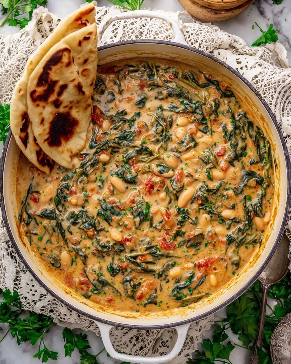 A large white pot holds a thick stew made of creamy beige sauce mixed with dark green spinach leaves and white beans, with small pieces of red tomato scattered throughout. On the left and top edges of the pot, folded pieces of flatbread with golden brown char marks rest partially dipped in the stew. The pot is on a white marbled surface with scattered green parsley leaves and white lace cloths around it, creating a fresh and homey feel. Photo taken with an iphone --ar 4:5 --v 7