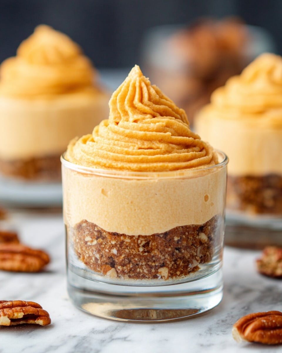 A small glass jar holds a dessert with two distinct layers. The bottom layer is a crumbly, brown nut mixture with a slightly rough texture. The top layer is a smooth, creamy light brown mousse or whipped topping, piped in swirls that rise above the jar's rim. The jar sits on a dark wooden surface with several whole pecans scattered around it. The background is softly blurred with other similar jars visible. photo taken with an iphone --ar 4:5 --v 7