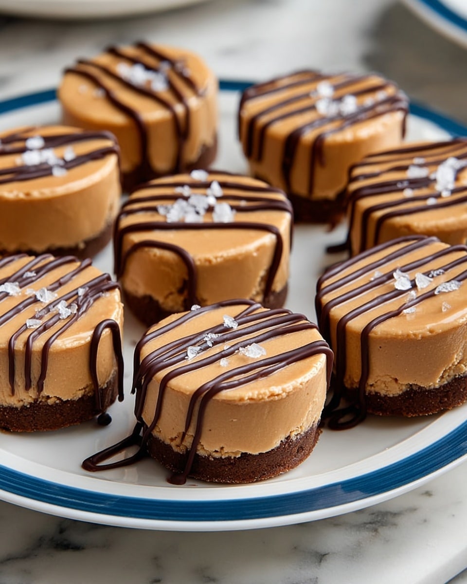 The image shows a white plate with a blue rim holding twelve small round mini cheesecakes. Each mini cheesecake has two main layers: a bottom brown crumbly crust and a thick light brown creamy layer on top. On the creamy layer, there are dark brown chocolate drizzles running in thin stripes across each cheesecake. Some of the cheesecakes have coarse white salt flakes sprinkled on top of the chocolate drizzle. The plate is placed on a wooden surface with visible tree bark around the edge. The focus is on the front mini cheesecakes, with the background slightly blurred. Photo taken with an iphone --ar 4:5 --v 7